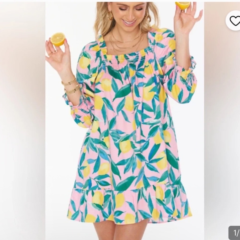 Show Me Your Mumu Pink Lemon Print Smocked Mini Dress Small Made in USA